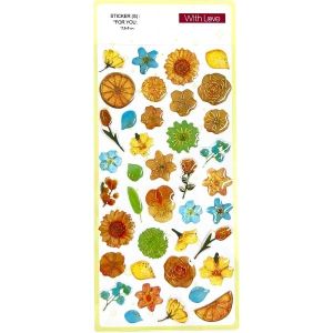 Adesivo epoxy floral amarelo e laranja com detalhes dourados e relevo vitrificado, cartela 9x20,5 cm para scrapbooking, planner e journal.