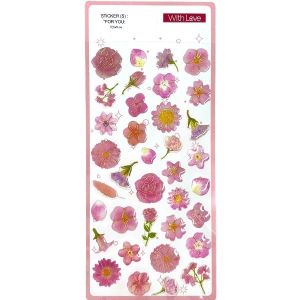 Adesivo epoxy floral rosa com detalhes dourados e efeito vitrificado em relevo, cartela 9x20,5 cm para scrapbooking, planner e journal.