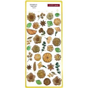 Adesivo epoxy floral em tons terrosos com detalhes dourados e relevo vitrificado, cartela 9x20,5 cm para scrapbooking, planner e journal.