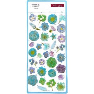 Adesivo epoxy flores azul turquesa com detalhes dourados e efeito vitrificado em relevo para planner e papelaria criativa.