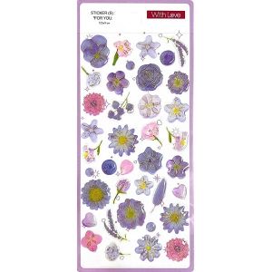 Adesivo epoxy flores roxo e lilás com detalhes dourados e efeito vitrificado em relevo para planner e papelaria criativa.