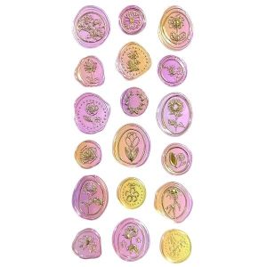 Cartela de adesivos estilo lacre de cera translúcido nas cores rosa, lilás e amarelo com estampas florais douradas em relevo.
