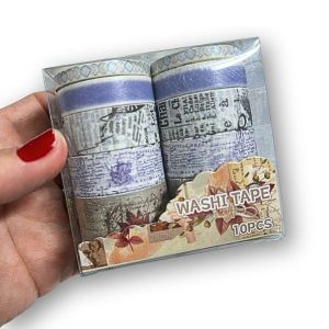 Kit Washi Tape Vintage Azul e Floral com 10 rolos decorativos em diferentes larguras, estampas florais, manuscritos e colagens clássicas
