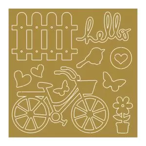 Aplique Decorativo em Acrílico Metalizado Litoarte Hello, Bicicleta, Primavera, Cerca, Flor