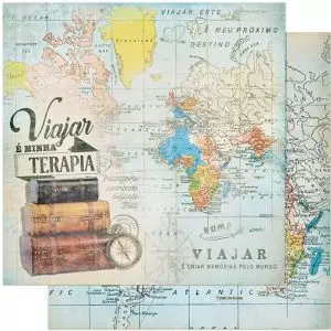 Papel para Scrapbook Litoarte Mapa Mundi Viajar é Minha Terapia