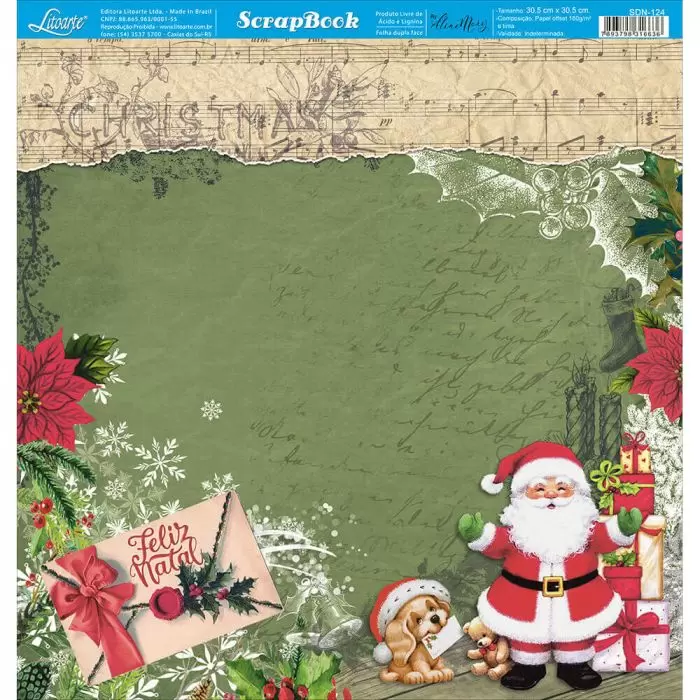 Papel para Scrapbook Litoarte Natal Feliz Natal, Papai Noel, Carta, Laço